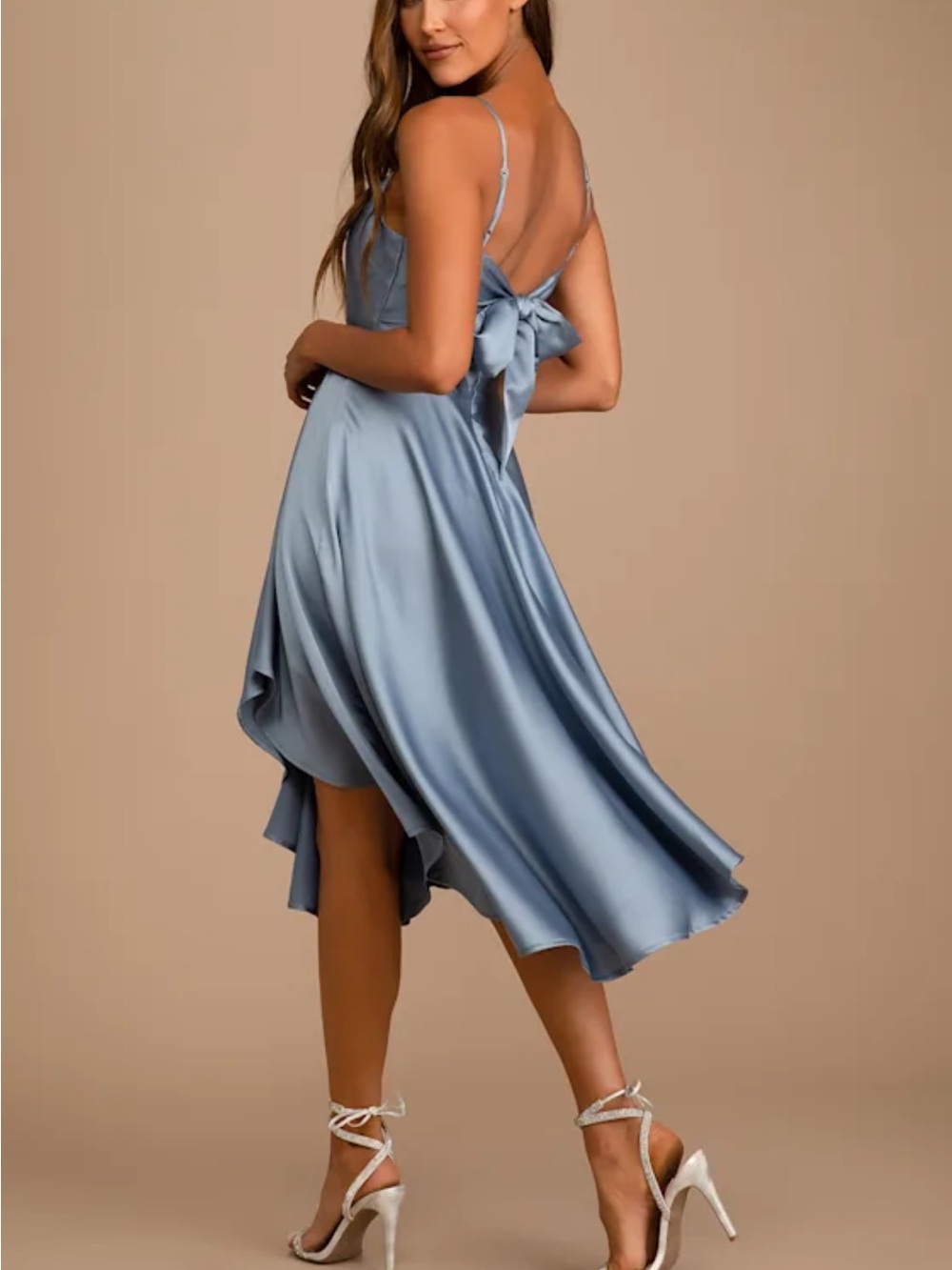 Lulus Days Like Today Blue Satin Asymmetrical Tie-back Midi Dress - Size S - Picture 2 of 2